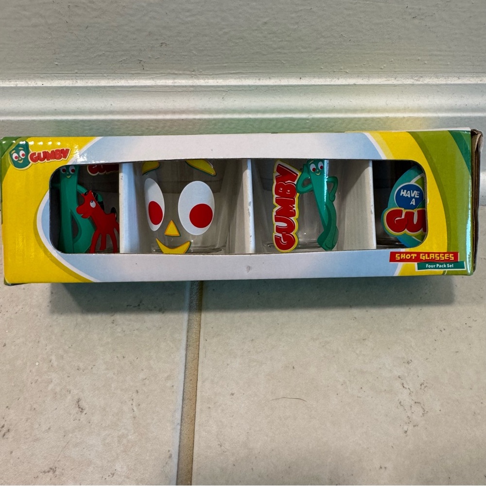 Gumby & Pokey Shot Glasses - 4 Pack Set unused NIB, 2011 Prema Toy Co.
